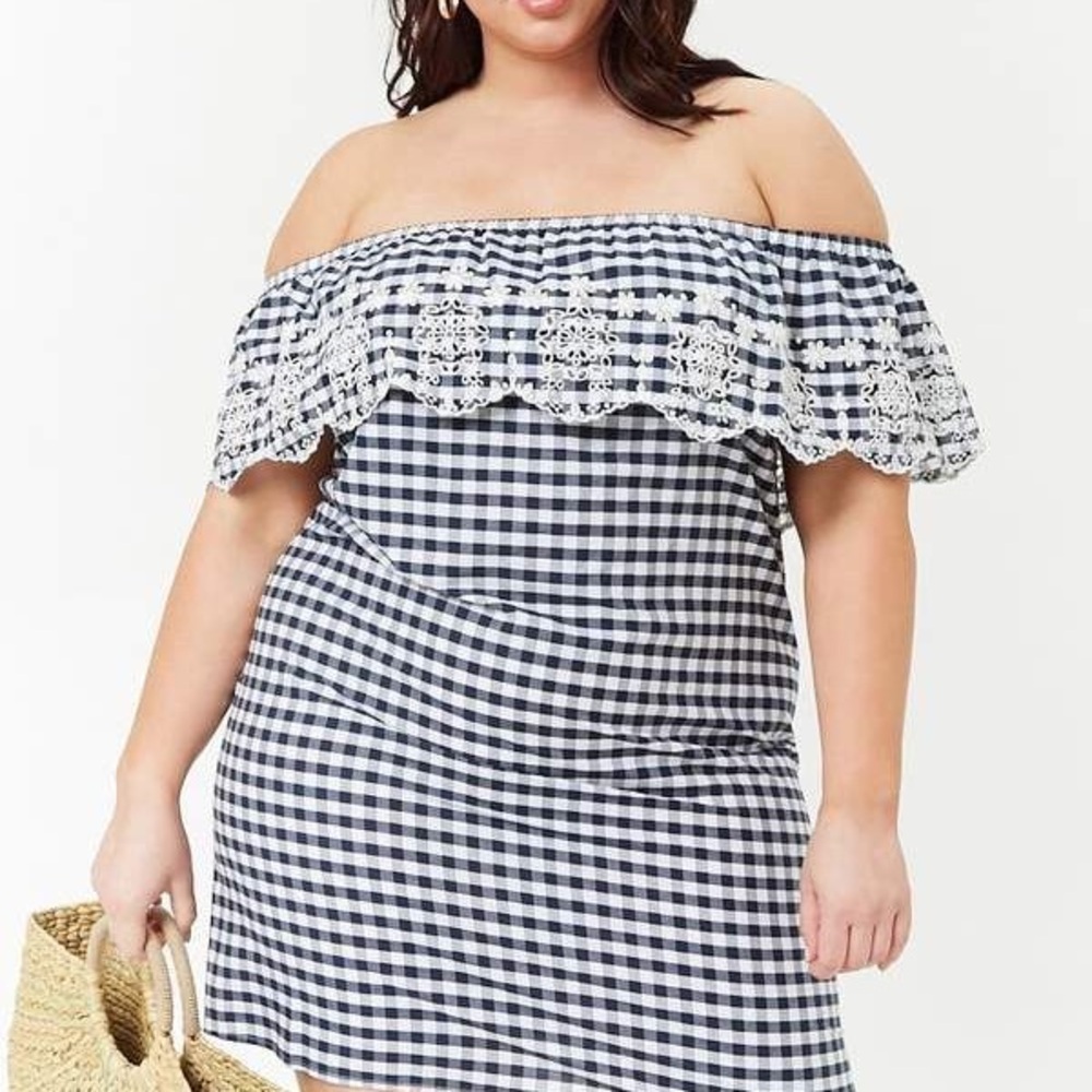 Forever 21 | Gingham Plaid Off-Shoulder Embroidered Eyelet Dress size 2X